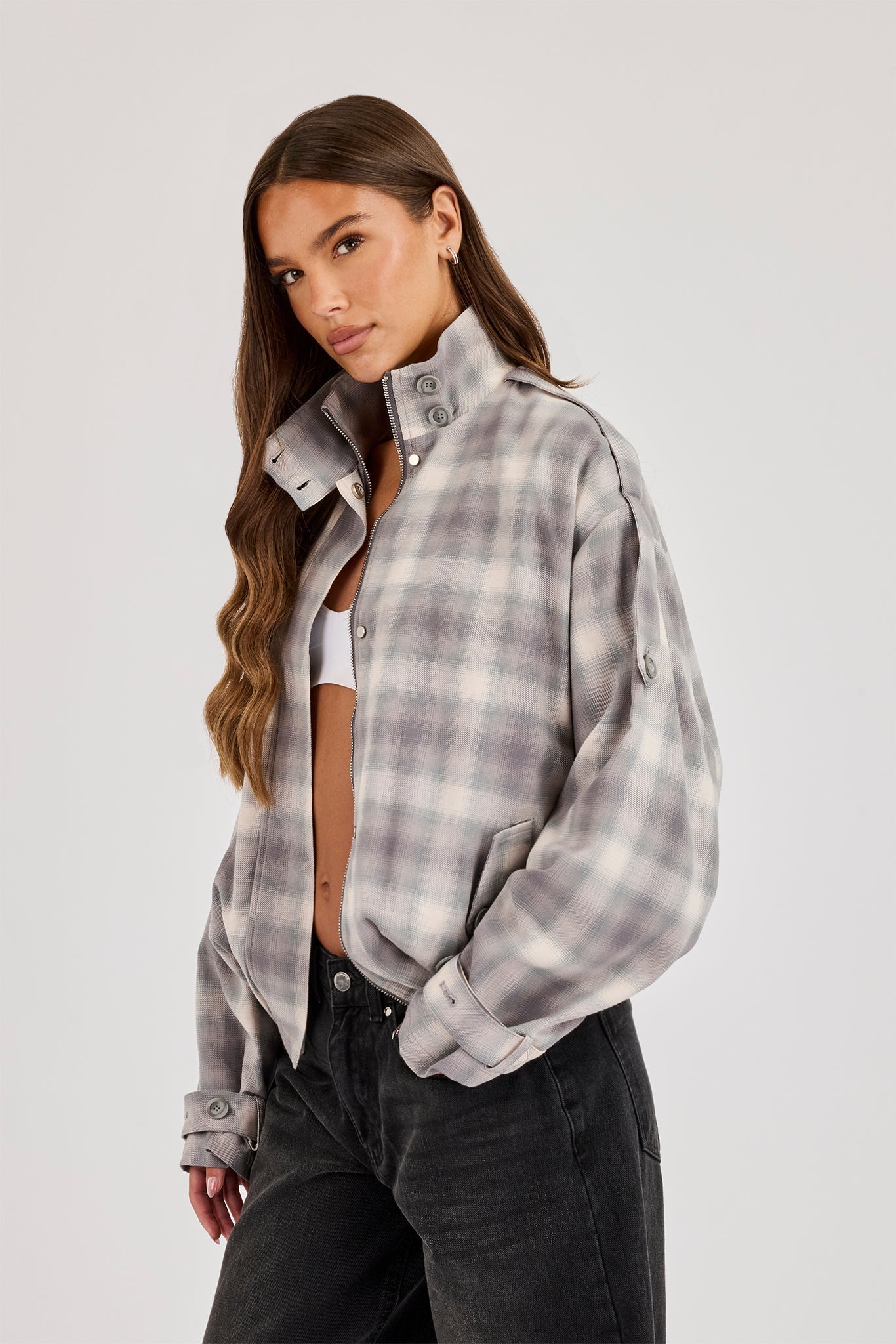 Check Funnel Neck Jacket - Grey